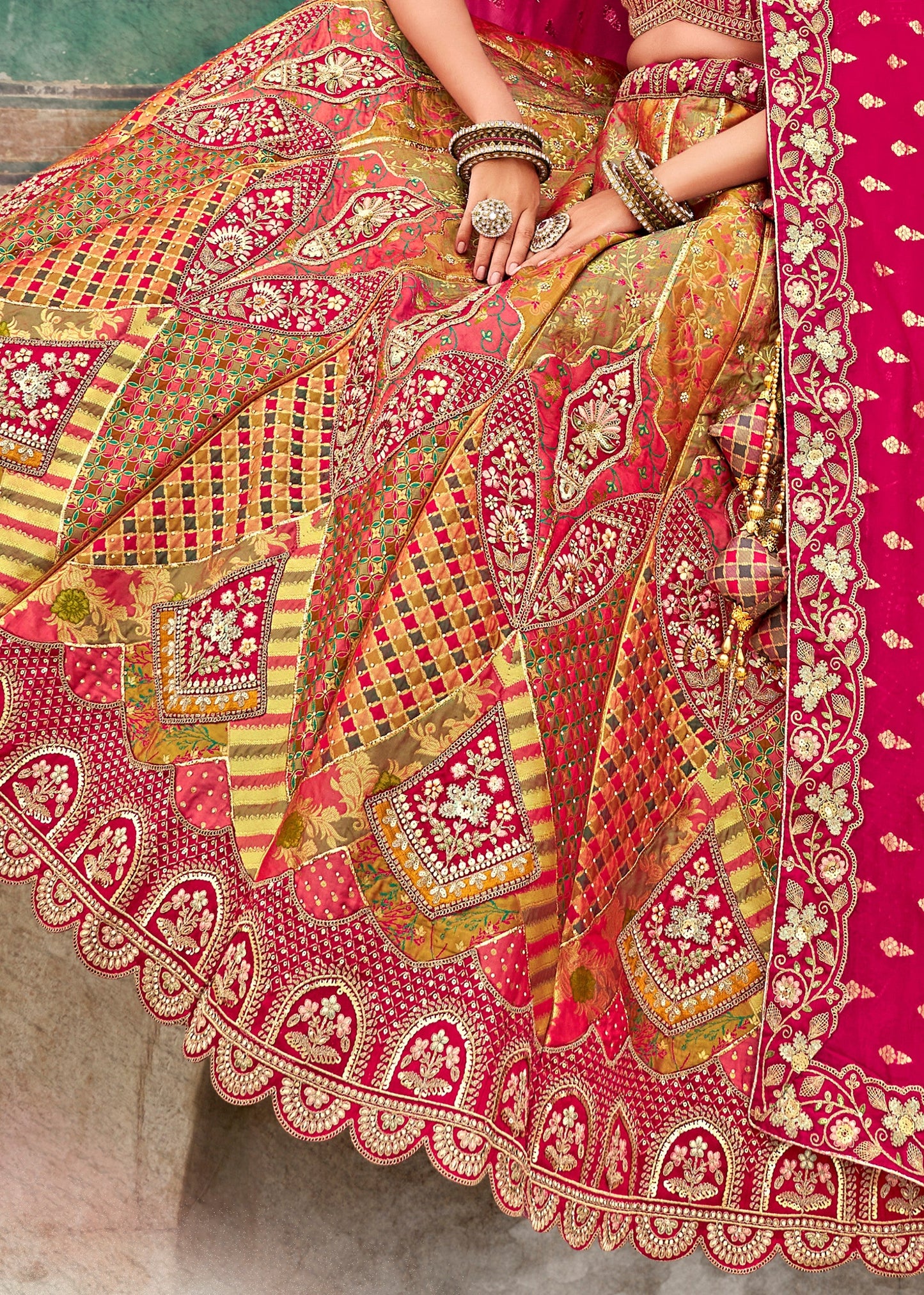Pink & Chartreuse Green Banarasi Silk Lehenga Choli with Zarkan, Sequence and Thread Work