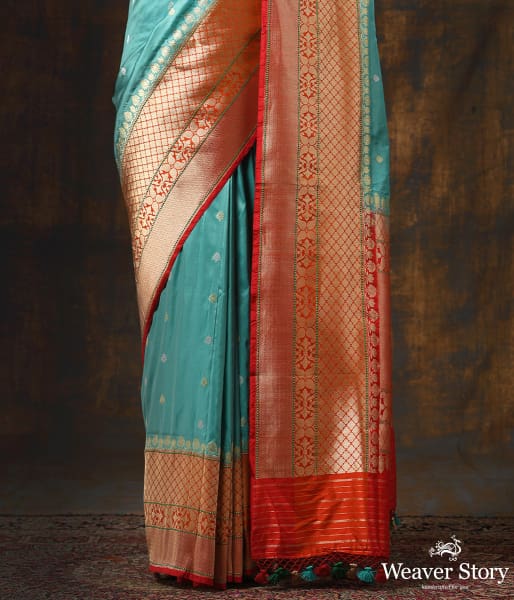 Handwoven Light Blue Kadhwa Boota with Orange Border