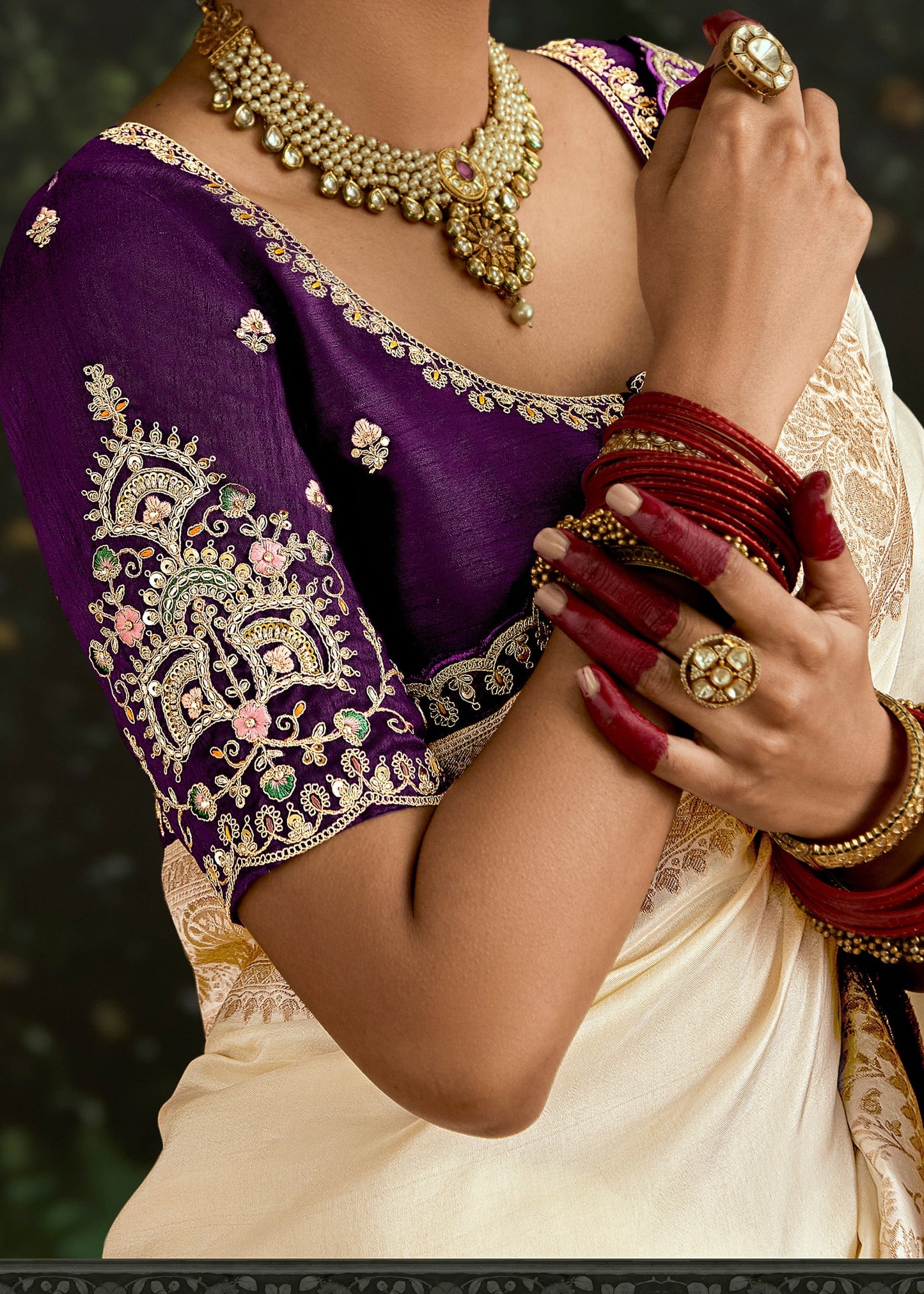 Off-White and Purple Saree with Viscose Silk and Zari Work