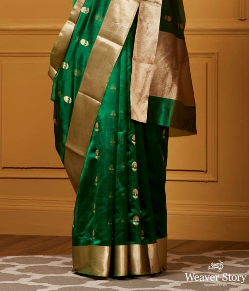 Handwoven Emerald Green Floral Boota With Chevron Gold Border