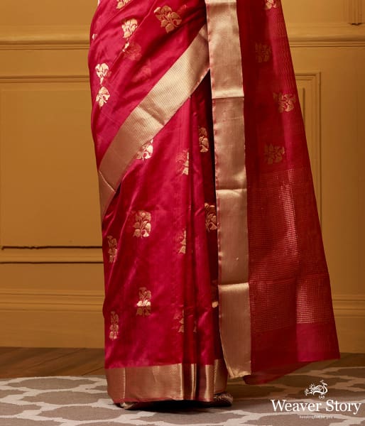 Handwoven Red Floral Boota Saree with Gold Zari Border