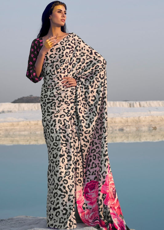 Black and White Leopard Print Crepe Silk Saree: Top Pick