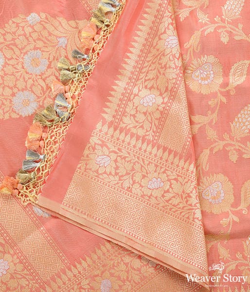 Handwoven Peach Kadhwa Jangla Dupatta with Elaborate Pallu