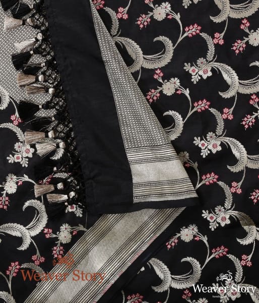 Handwoven Black Katan Silk Meenakari Jangla Dupatta