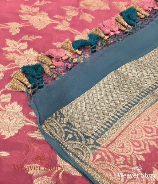 Handwoven Pink Banarasi Georgette Dupatta with Blue Borders