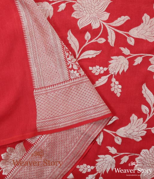 Handwoven Red Munga Silk Dupatta with Cutwork Jaal