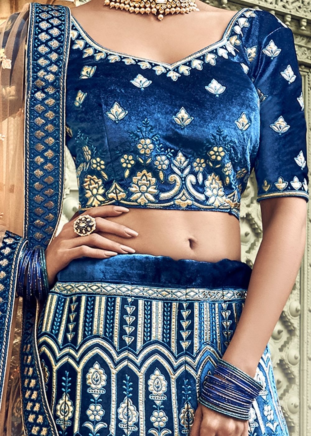 Azure Blue Velvet Lehenga Choli with Thread, Zari and Pure Gota work (Pre-Order)