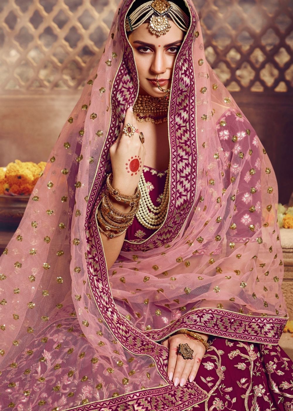 Wine Pink Georgette Bridal Lehenga Choli with Resham and Jari Embroidery (Pre-Order)