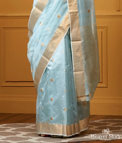 Handwoven Sky Blue Small Asharfi Boota Saree With Red Meena