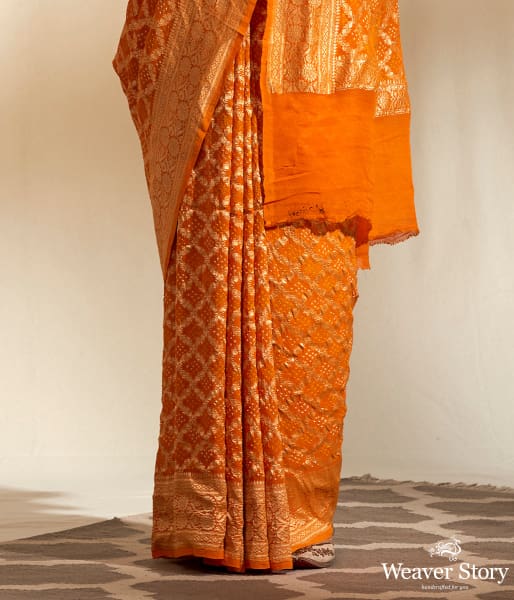 Handwoven Banarasi Bandhej Saree in Orange