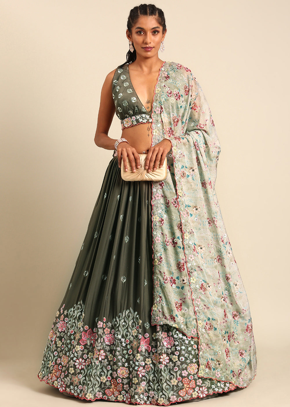 Olive Green Georgette Multi Sequins Lehenga Choli