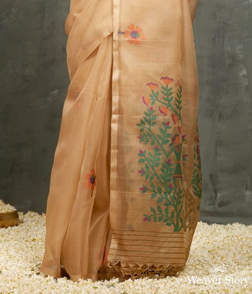 Handwoven Khaki Muslin Dhakai Jamdani Saree with Floral Motif and Heavy Pallu