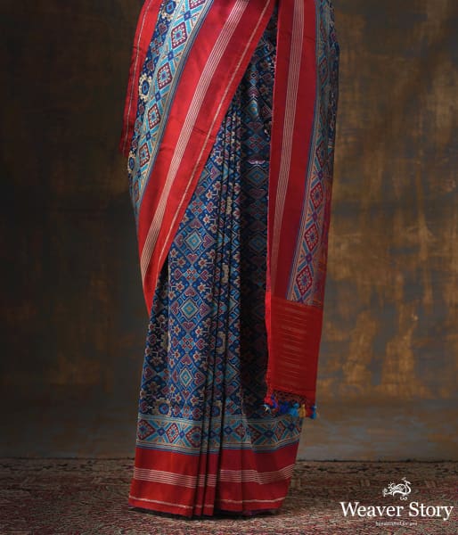 Handwoven Blue 5 Color Patola with Red Border