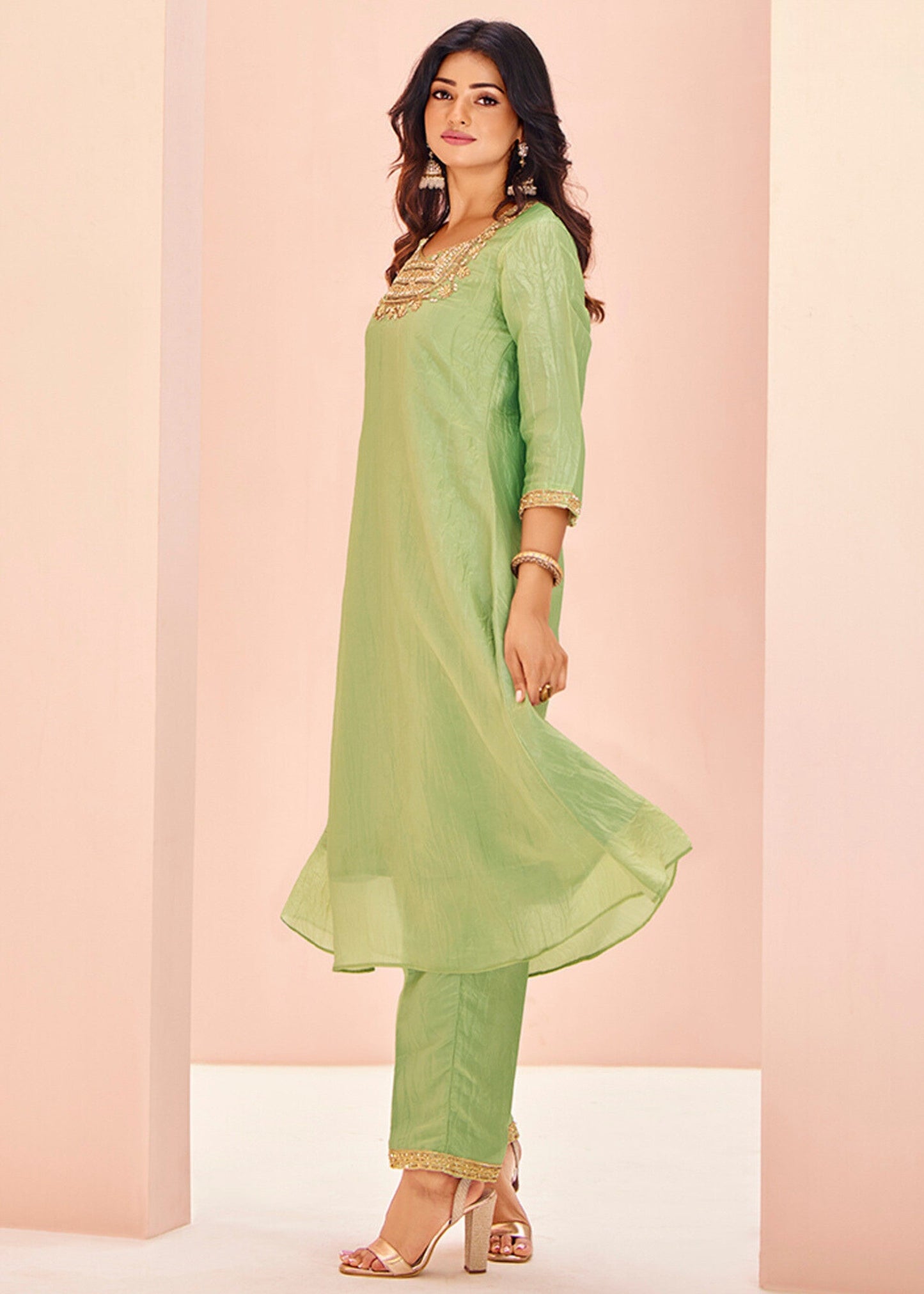 Light-Green Organza Handwork Kurta with Pant