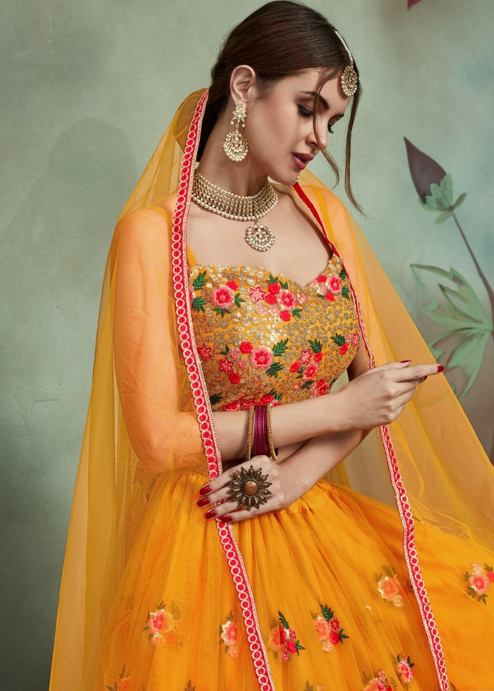 Gold Yellow Designer Soft Net Lehenga Choli with Sequins & Thread work