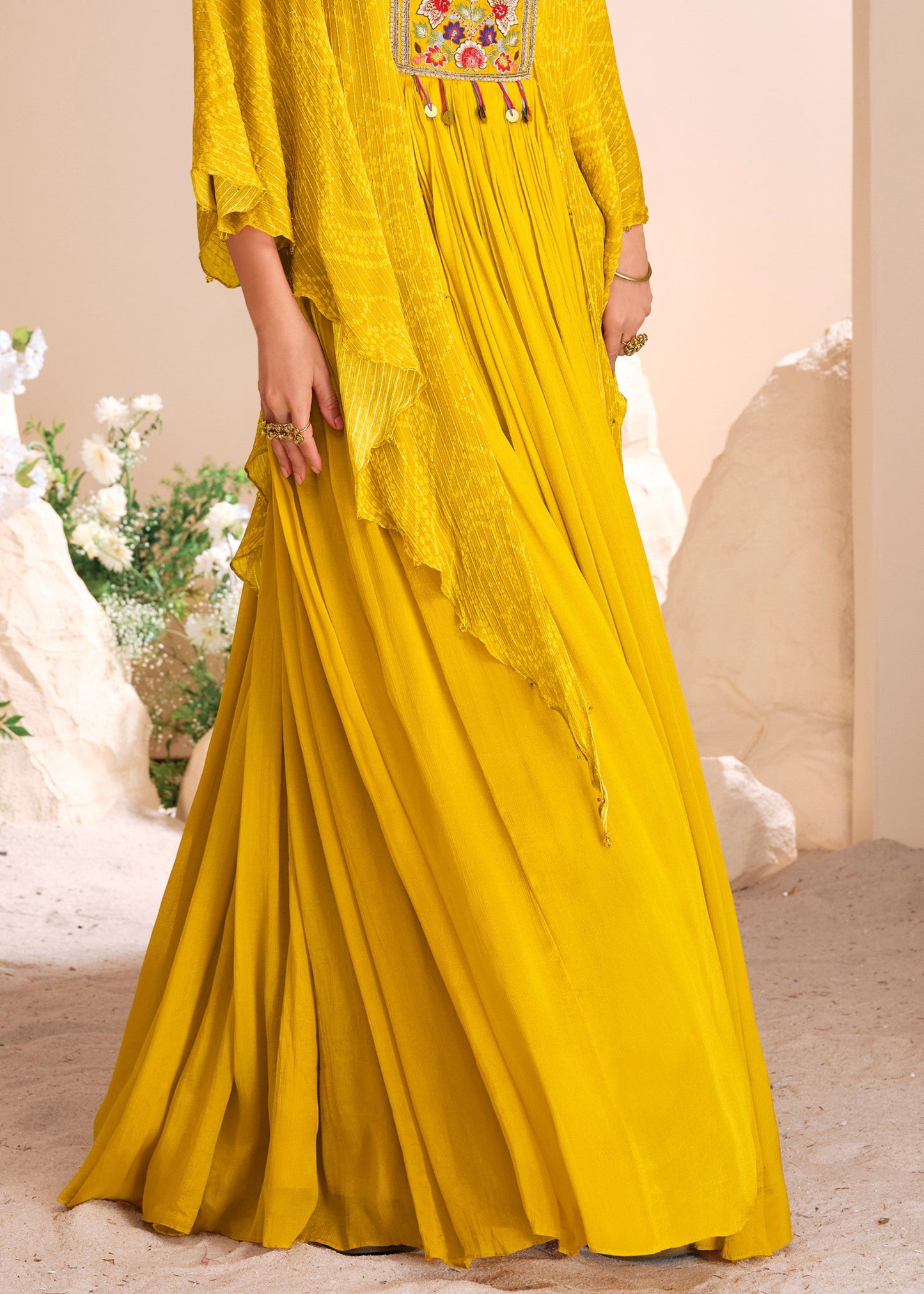 Aureolin Yellow Moti Embroidered Chinon Silk Gown With Digital Sleeves