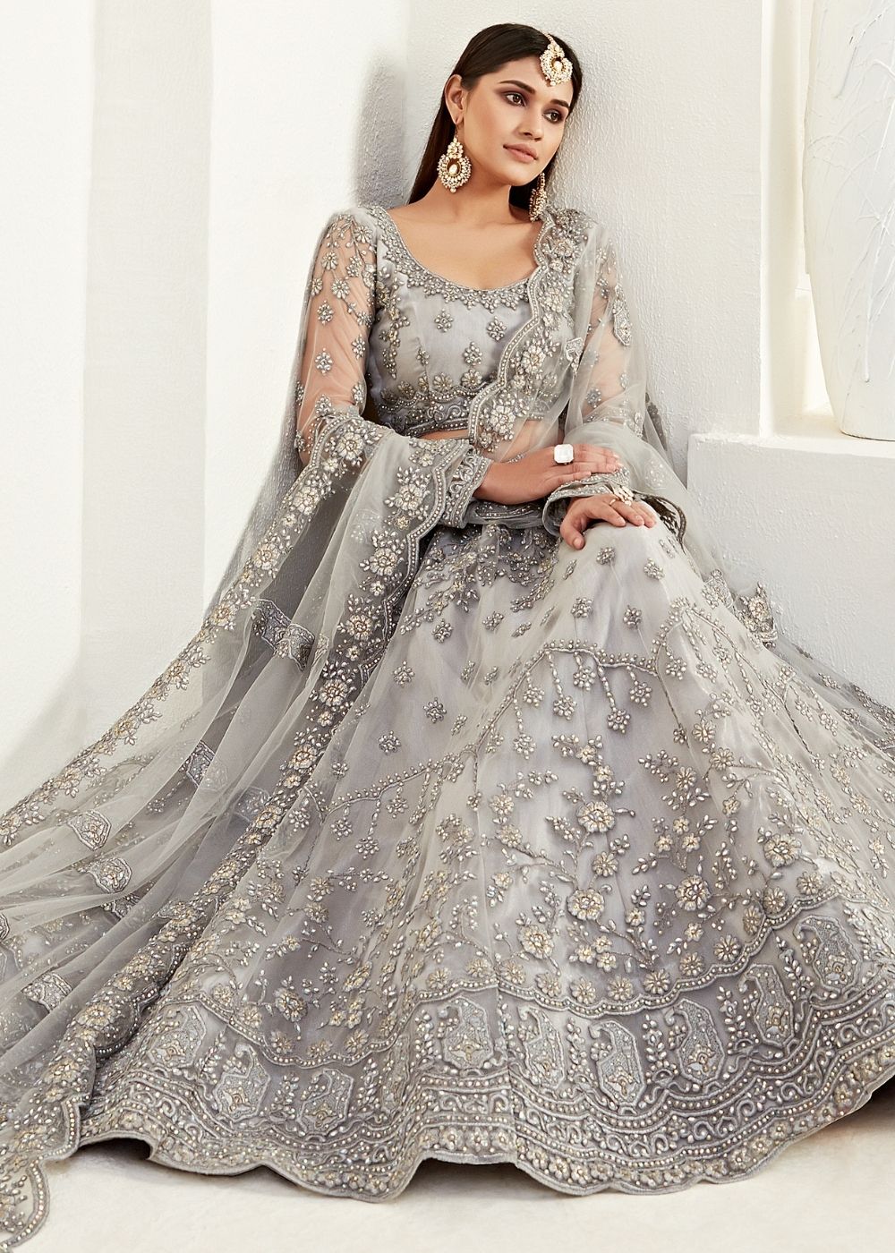 Pewter Grey Soft Net Lehenga Choli with Coding, Thread, Stonework & Badla Embroidery(Pre-order)