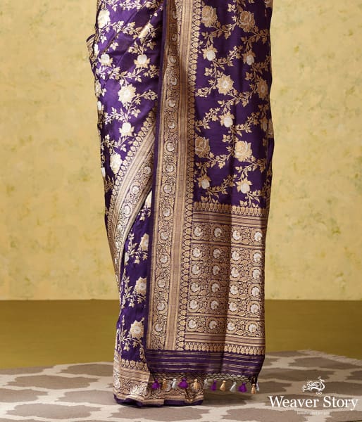 Handwoven Dark Purple Kadhwa Jangla Saree with Meenakari
