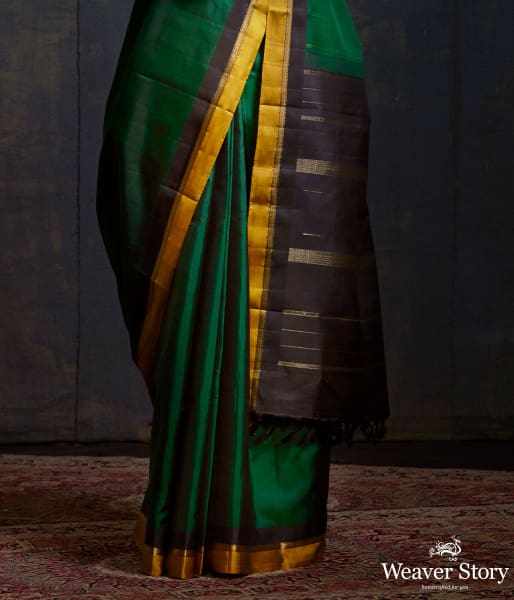 Bottle Green Kanjivaram Silk Saree With Black and Mustard Small Border
