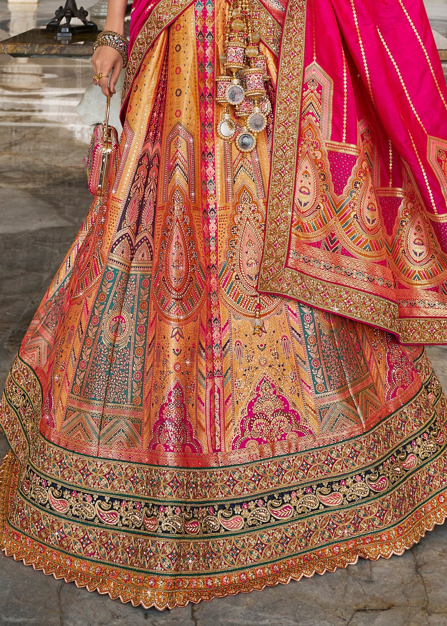 Dark Blue & Bright Pink Banarasi Silk Lehenga with Zarkan Codding work