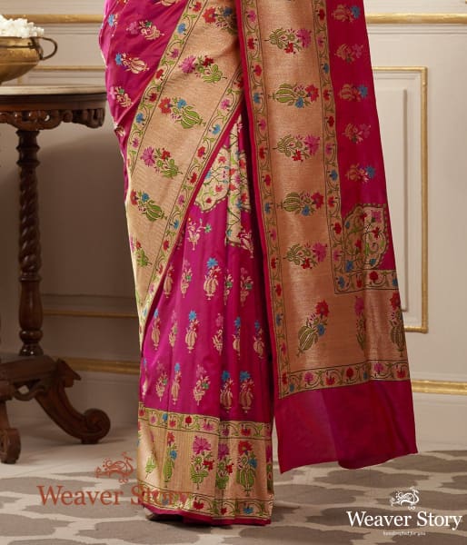 Handwoven Rani Pink with Meenakari, Konia, Real Zari Saree