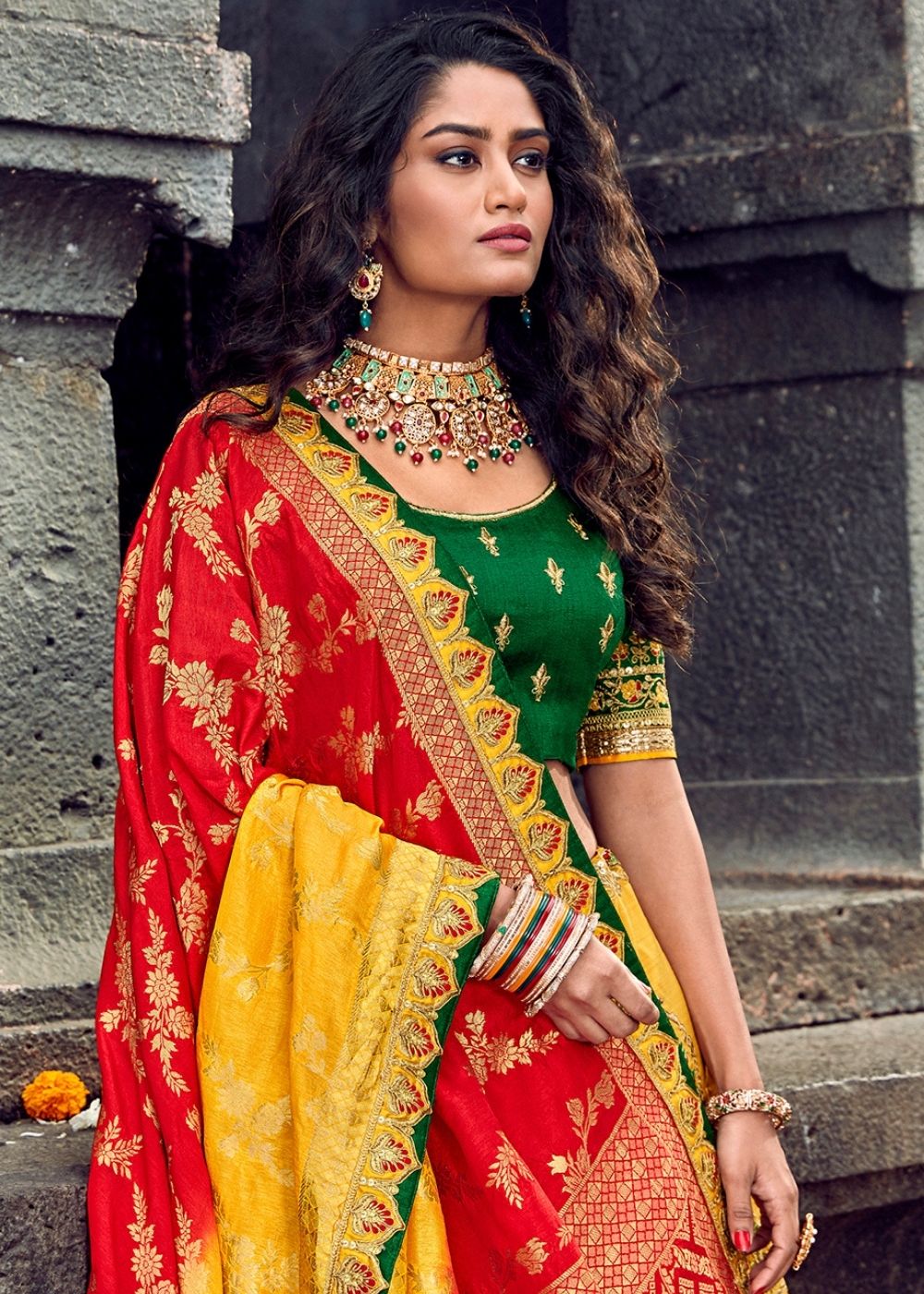 Yellow & Green Banarasi Kanjivaram Silk Lehenga