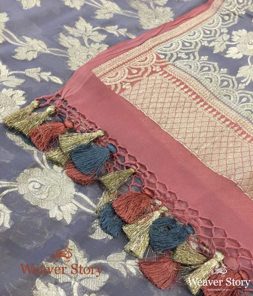 Handwoven Grey Banarasi Georgette Dupatta with Pink Border