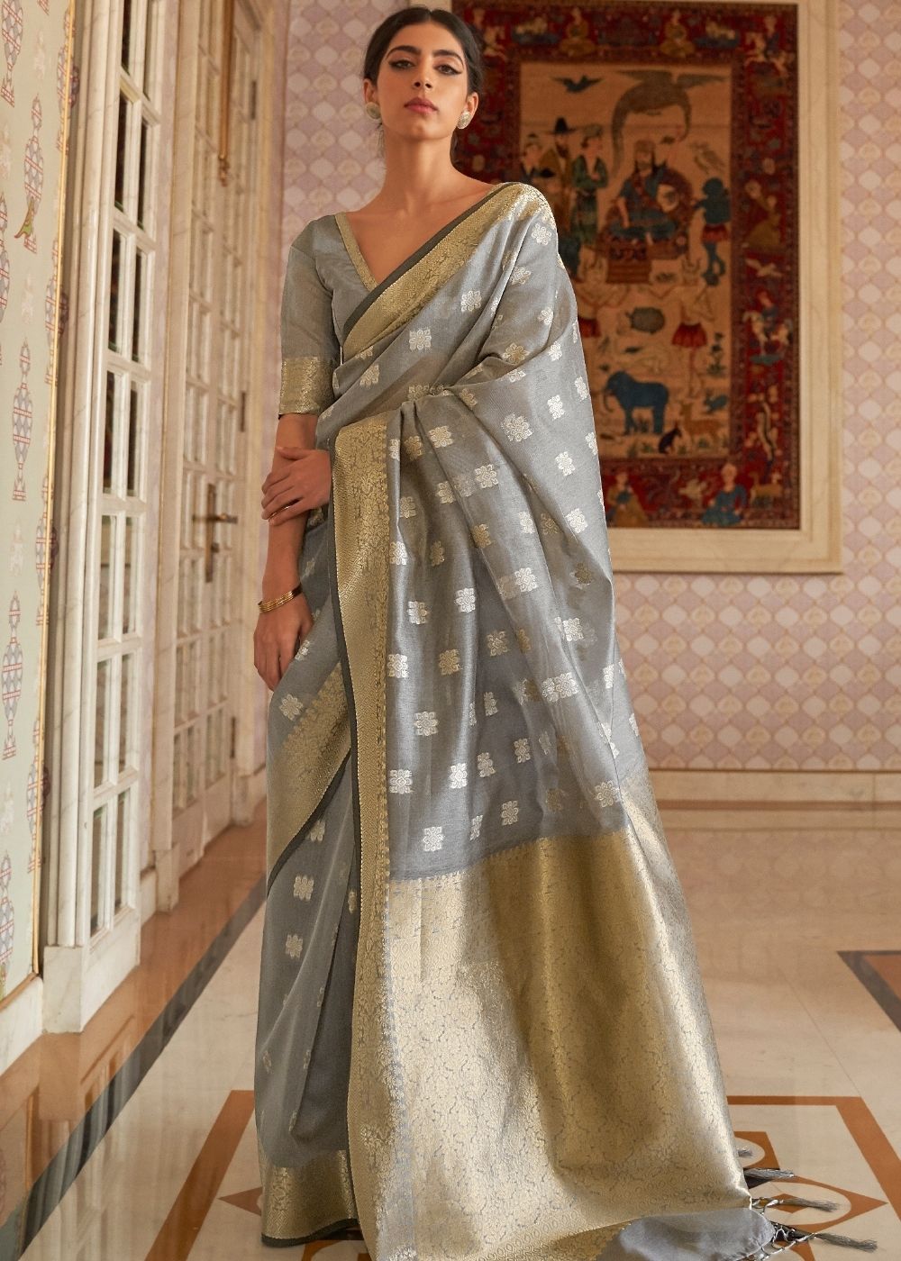 Mink Grey Zari Woven Linen Silk Saree: Top Pick
