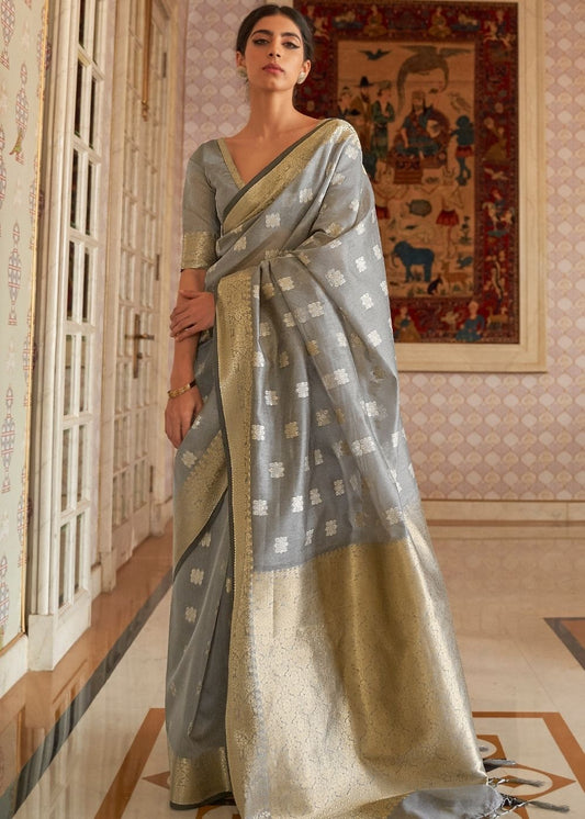 Mink Grey Zari Woven Linen Silk Saree: Top Pick