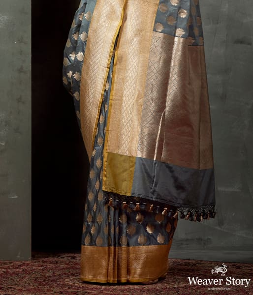 Handwoven Grey Cutwork Booti Saree with Yellow Selvedge