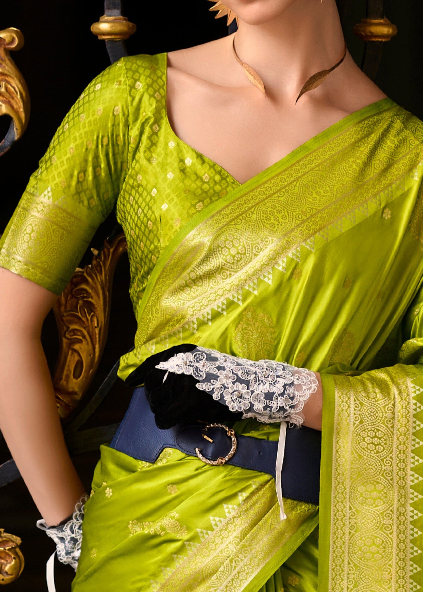 Volt Green Satin Mungha Silk Saree