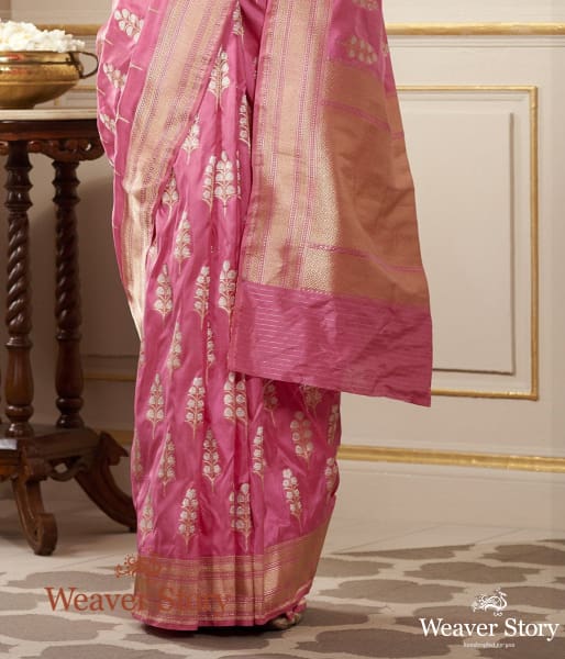 Handwoven Rose Pink Katan Silk Banarasi with SOna Rupa Zari Boota