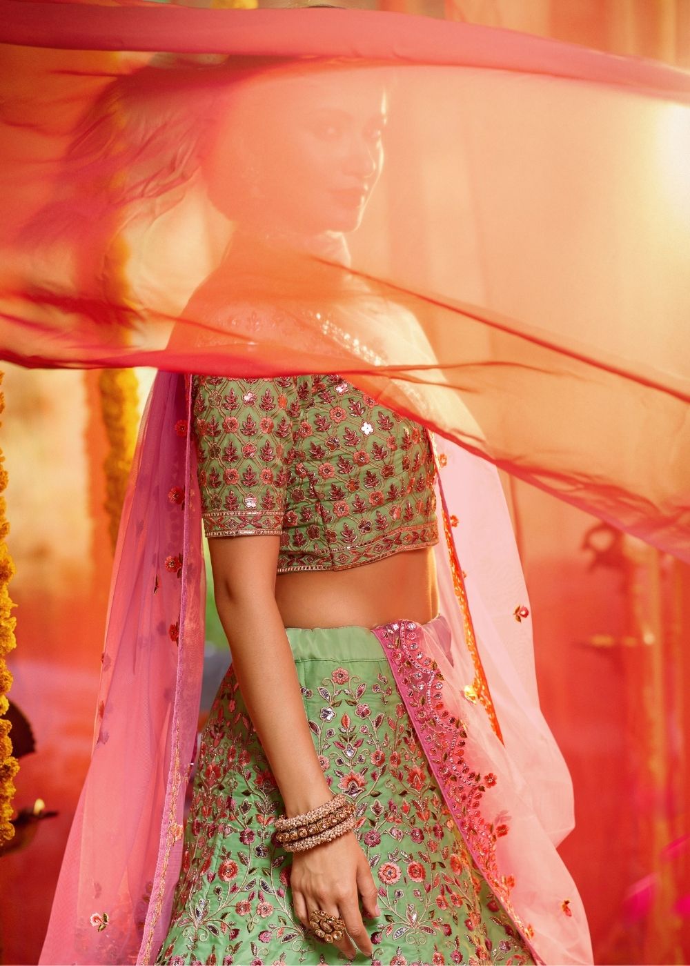 Mint Green Organza Designer Lehenga Choli with Foil, Mirror, Thread and Zari work (Pre-Order)