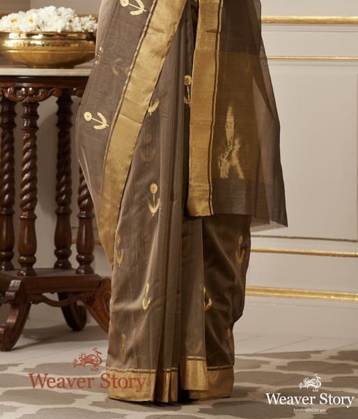Handwoven Brown Saree with Small Floral Motif