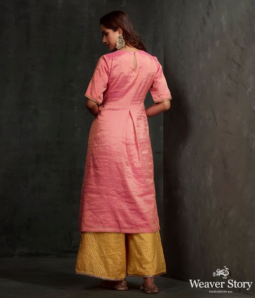 Hand front boota embroidered tissue silk suit in pink color with brocade palazzo