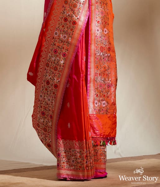 Pink Orange Chautera Border With Gold Silver Trishul Booti