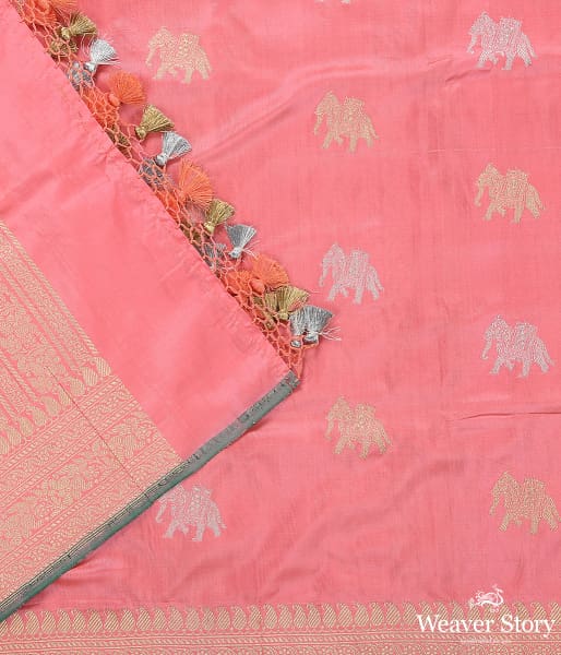 Handwoven Pink Banarasi Elephant Motif Dupatta
