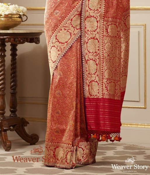 Handwoven Red Kimkhab Saree with Meenakari