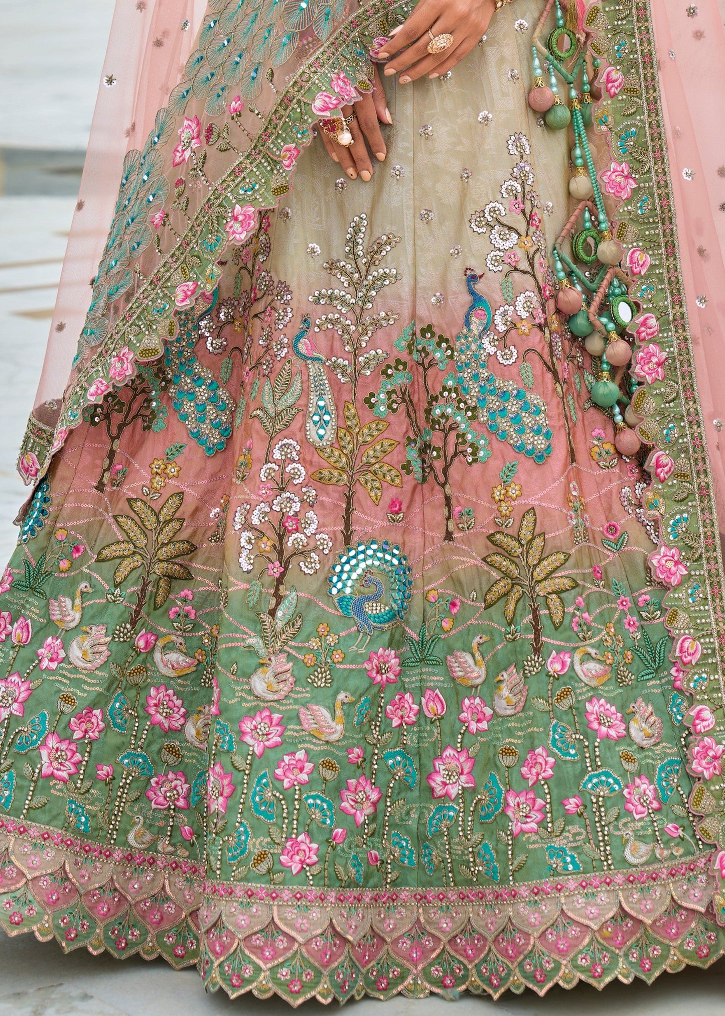 Pista Green and peach Viscose Tissue Lehenga Choli with Embroidery Work