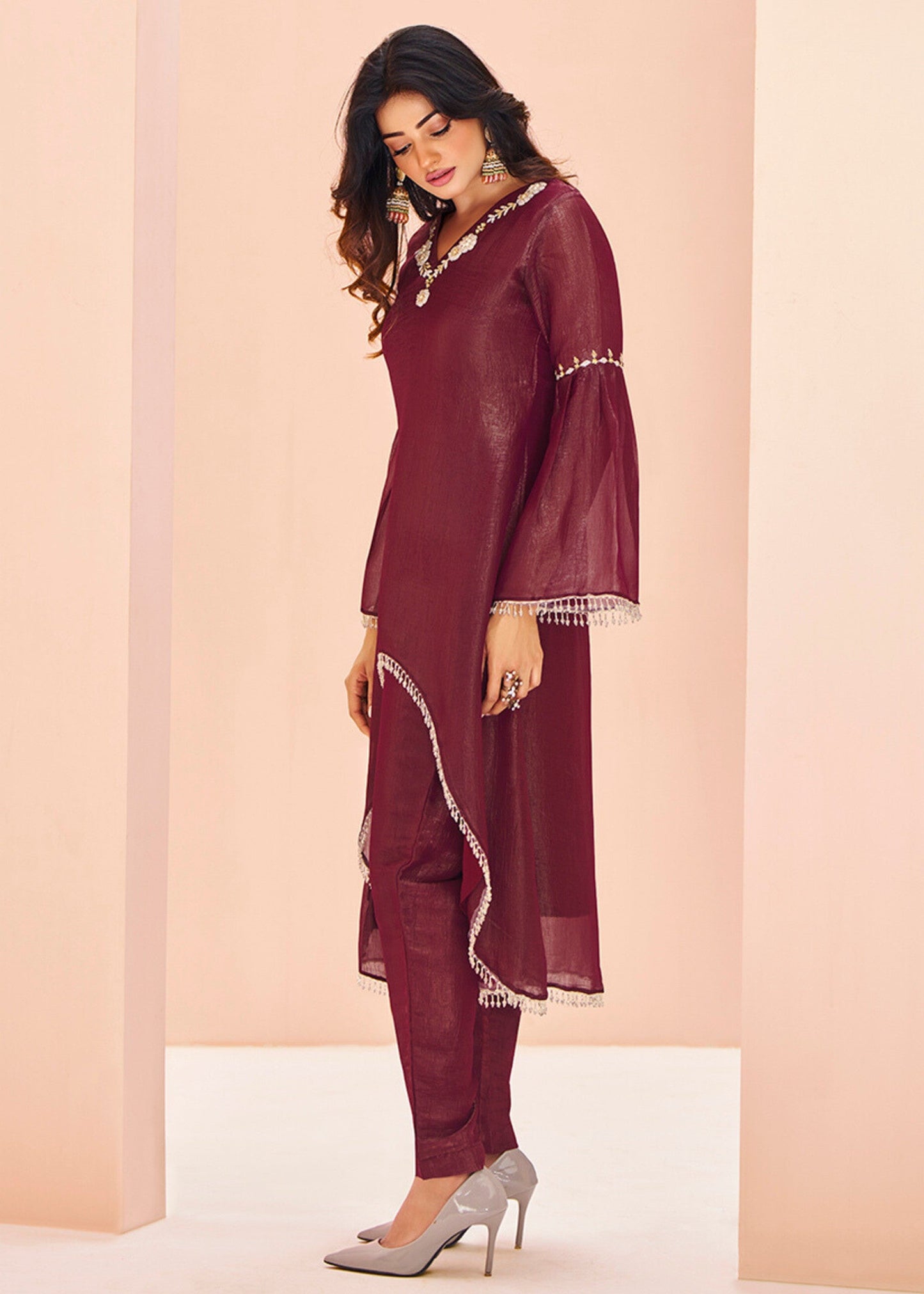 Maron Organza Handwork Kurta with Pant