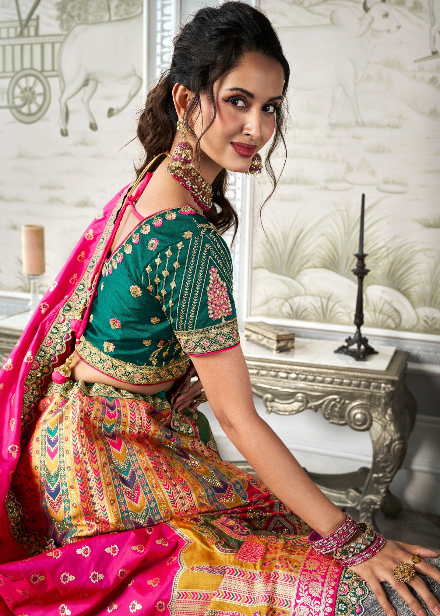 Hot Pink & Green Banarasi Silk Lehenga with Zarkan Codding work