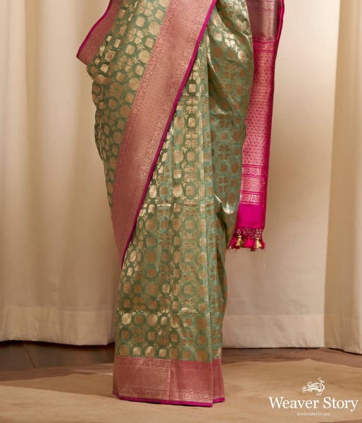 Handwoven Light Green Phulkari Pattern Saree with Pink Border