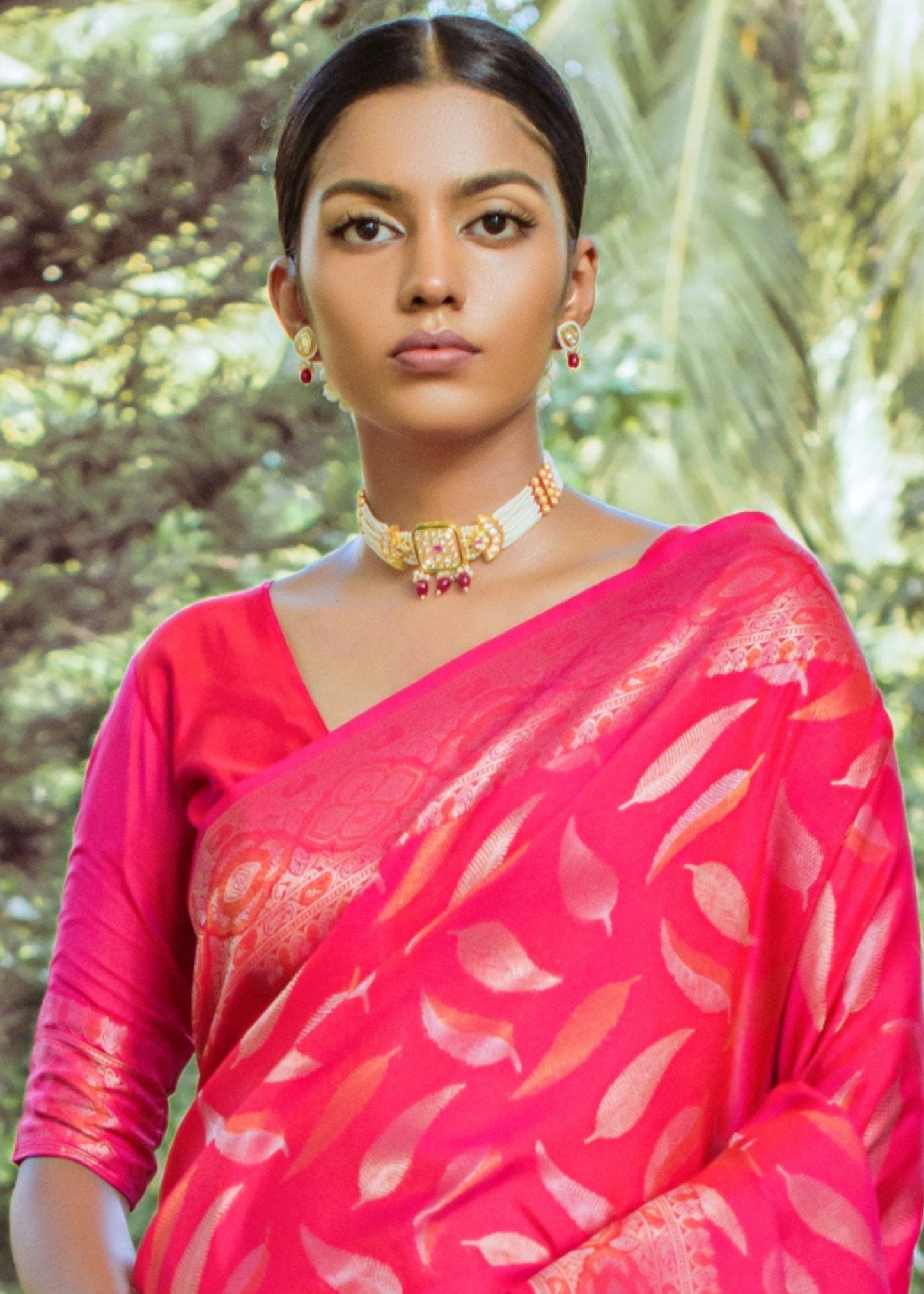 Hot Pink Zari Woven Silk Saree