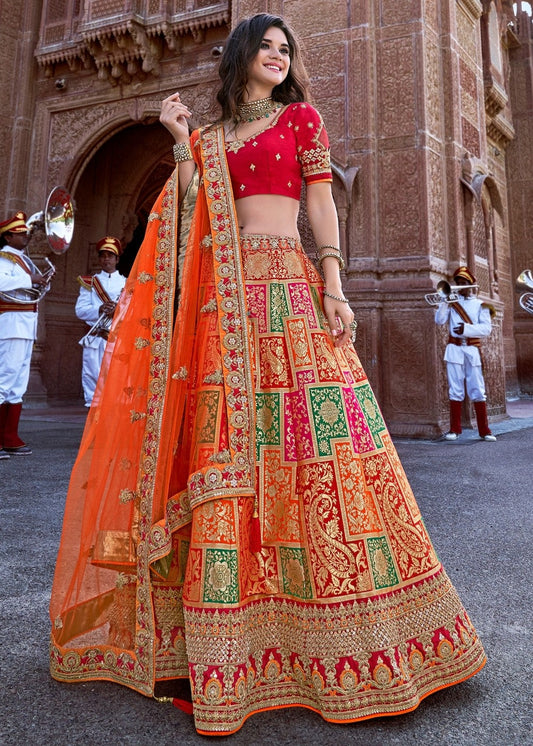 Orange and Red Silk Lehenga Choli