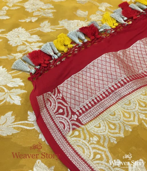 Handwoven Banarasi Georgette Dupatta in Mustard with Red Borders