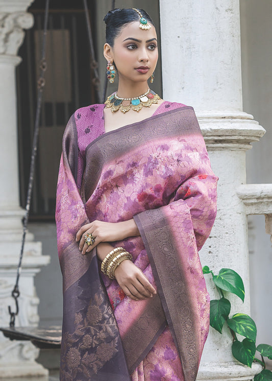 Barbie Pink Woven Silk Saree with Contrast Pallu