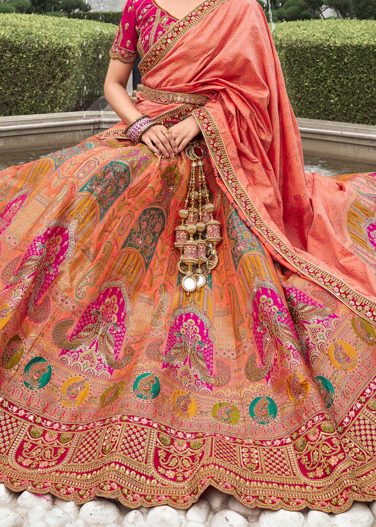 Orange & Pink Banarasi Silk Lehenga with Zarkan Codding work