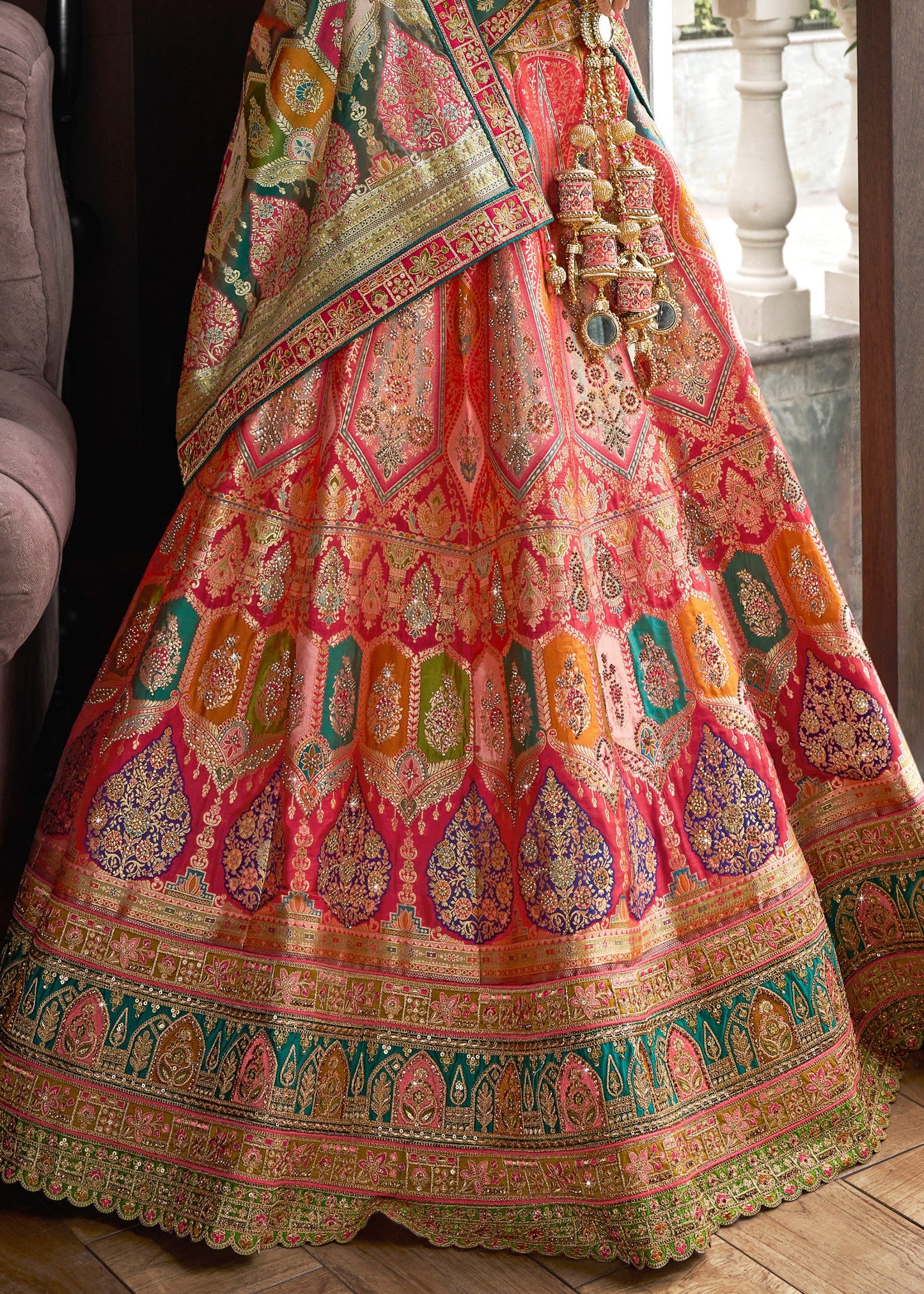 Jade Green & Pink Banarasi Silk Lehenga with Zarkan Codding work