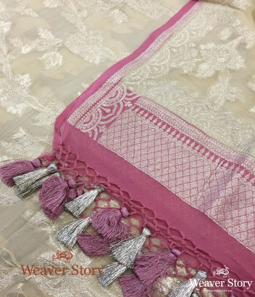 Handwoven Banarasi Georgette Dupatta in Beige with Pink