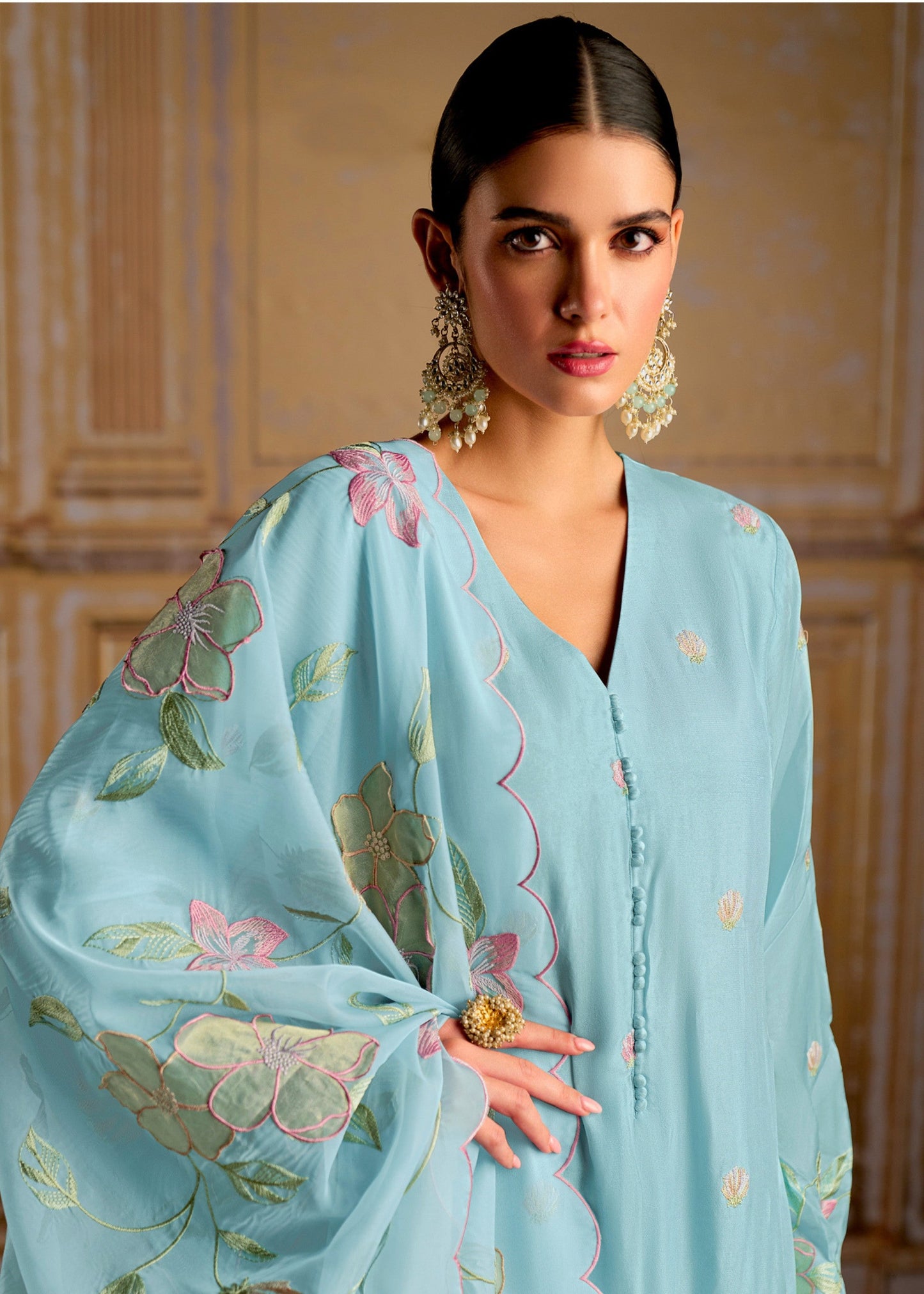 Blue Pure Bamber Silk with Resham Embroidery Salwar Suit